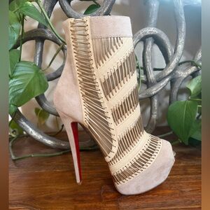 Brand New Christian Louboutin Stitch Me Velour Booties in Nude.